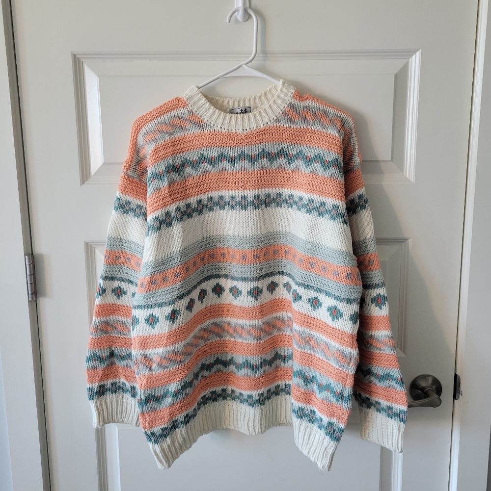 Vintage Women's Multicolor Patterned Sweater In Salmon, White, And Green
